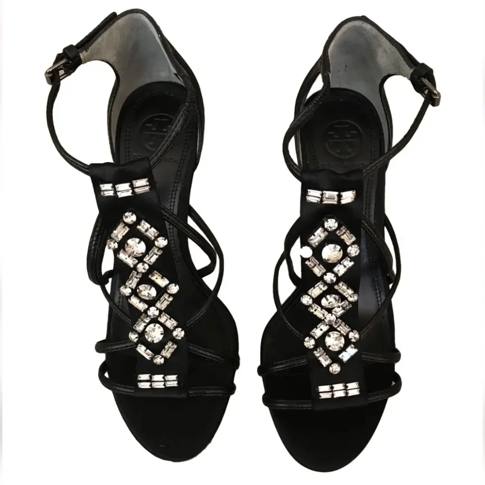 Tory Burch Black Satin and Crystal's with Leather sole Size 38.5 - Picture 4 of 11